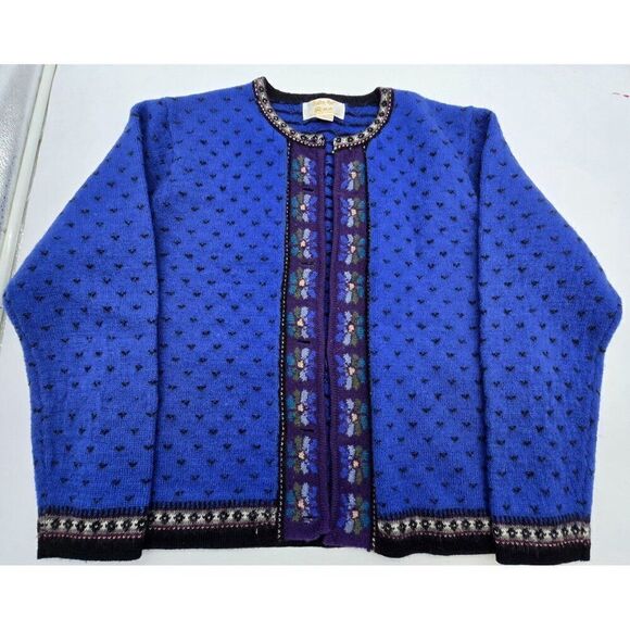 Tally-Ho Womens 100% Wool Blue Cardigan Sweater With Embroidered Floral Design - - Picture 7 of 7
